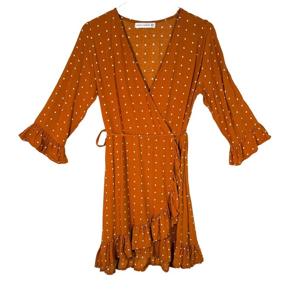 Faithfull The Brand Women's Carmel Mini Wrap Dress 8 Brown Orange Ruffled - Picture 2 of 9